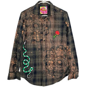 Handmade Boho Flannel Shirt Floral Stencil Bleached Plaid Womens XS Small Snake